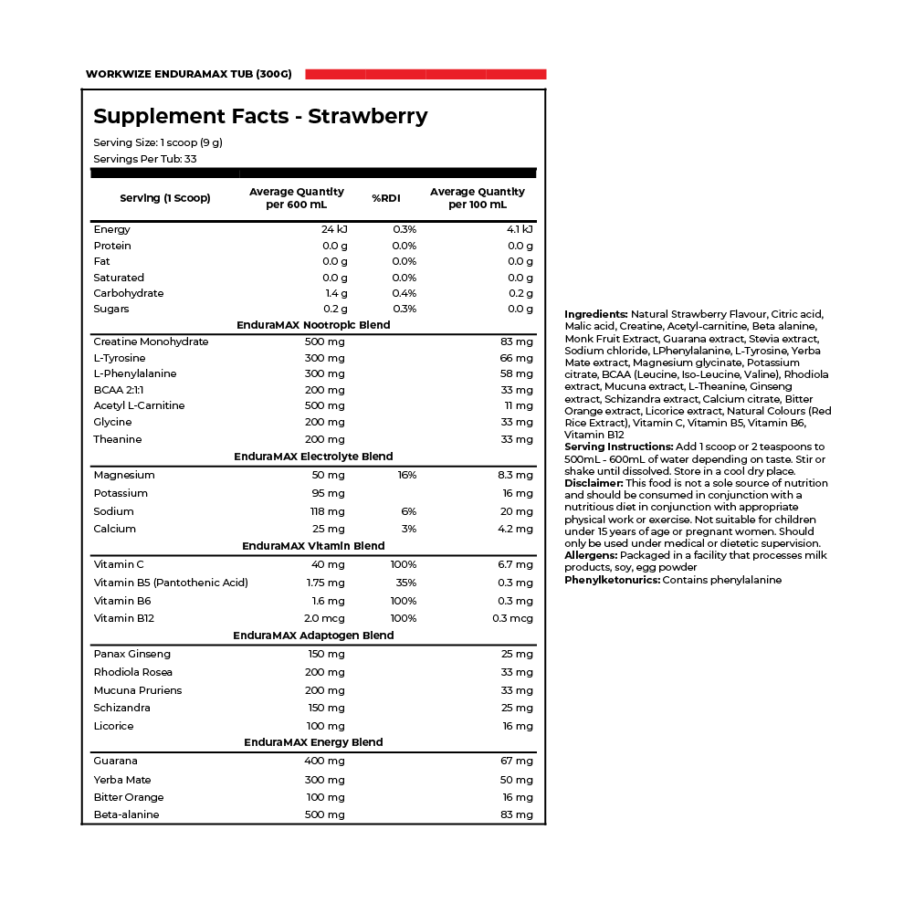 nutrition information enduramax 300g max-t300s