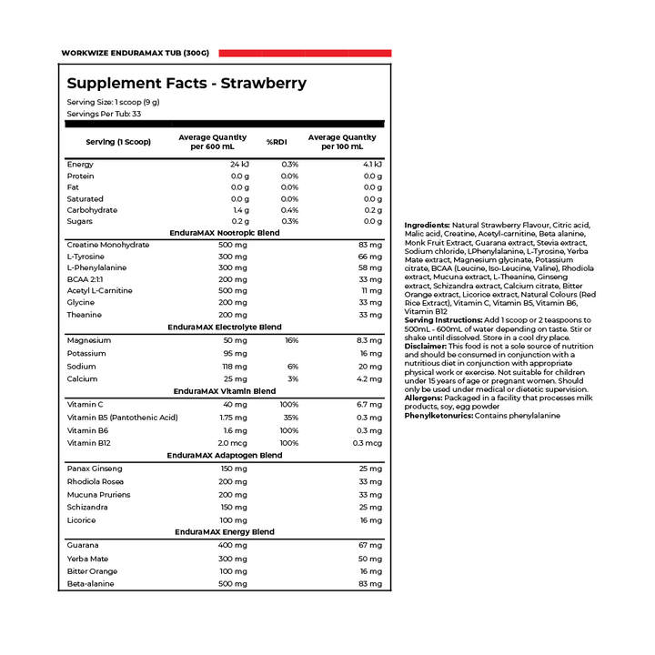 nutrition information enduramax 300g max-t300s